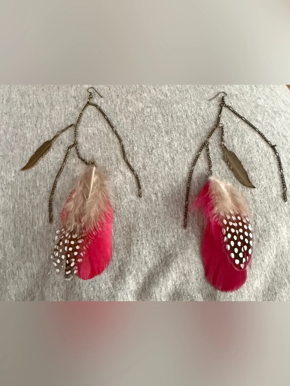 Boho Pink Feather Drop Earrings with Brass Leaf